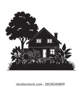 Black silhouette vector of charming country home surrounded by lush trees and potted plants set on grass lawn residential property exterior architecture design real estate concept landscape gardening theme isolated white background.