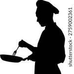 Black silhouette vector of a chef in profile facing left, isolated on a plain white background. The figure wears a traditional chef hat and uniform while holding a frying pan in one hand and a fork in the other, creating a clear culinary action theme. This minimalist food service illustration is perfect for restaurant branding, menu graphics, cooking blogs, recipe books, kitchen signage, catering advertisements, culinary schools, and hospitality promotions. The strong black and white contrast ensures excellent visibility in logos, posters, brochures, packaging, websites, and social media content. The chef silhouette communicates cooking, preparation, cuisine, service, and professional kitchen work in a clean and versatile style. The isolated background allows easy integration into both print and digital design projects. Suitable for concepts involving gastronomy, food preparation, restaurant identity, and commercial kitchens. 