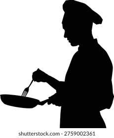 Black silhouette vector of a chef in profile facing left, isolated on a plain white background. The figure wears a traditional chef hat and uniform while holding a frying pan in one hand and a fork in the other, creating a clear culinary action theme. This minimalist food service illustration is perfect for restaurant branding, menu graphics, cooking blogs, recipe books, kitchen signage, catering advertisements, culinary schools, and hospitality promotions. The strong black and white contrast ensures excellent visibility in logos, posters, brochures, packaging, websites, and social media content. The chef silhouette communicates cooking, preparation, cuisine, service, and professional kitchen work in a clean and versatile style. The isolated background allows easy integration into both print and digital design projects. Suitable for concepts involving gastronomy, food preparation, restaurant identity, and commercial kitchens. 