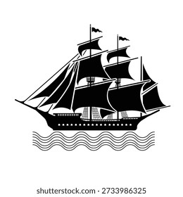 Black silhouette vector of a classic barque sailing ship with multiple masts and sails on ocean waves. Nautical, maritime, and vintage sea transport illustration isolated on white