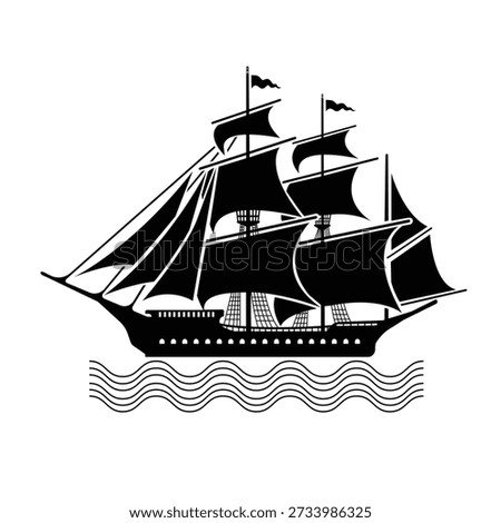 Black silhouette vector of a classic barque sailing ship with multiple masts and sails on ocean waves. Nautical, maritime, and vintage sea transport illustration isolated on white