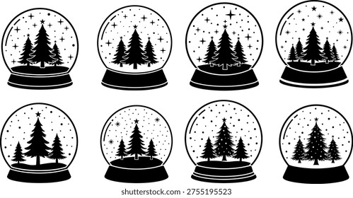 Black Silhouette Vector Collection of Christmas Snow Globes with Pine Trees, Stars, and Falling Snow, Perfect for Holiday Decorations and Winter Graphics.
