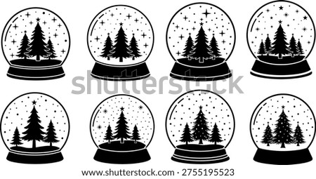 Black Silhouette Vector Collection of Christmas Snow Globes with Pine Trees, Stars, and Falling Snow, Perfect for Holiday Decorations and Winter Graphics.
