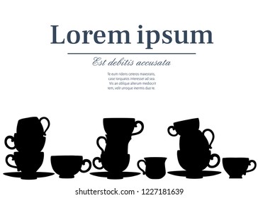 Black silhouette. Vector collection cups with cute patterns. Tea-set cartoon style design. Stack of colorful cups. Flat vector illustration on white background. Place for text.