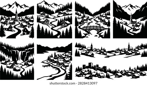 Black silhouette vector collection featuring mountain villages, alpine cabins, pine forests, rivers, bridges, waterfalls, churches, and scenic mountain landscapes. Perfect for travel, tourism, outdoor branding, nature posters, camping projects, adventure graphics, and landscape themed designs.