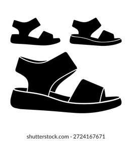 Vetor de Silhueta Preto de Sandálias de Verão Femininas Confortáveis com Alças, Conjunto de Ícone de Calçado Minimalista para Design de Moda e Uso de Catálogo