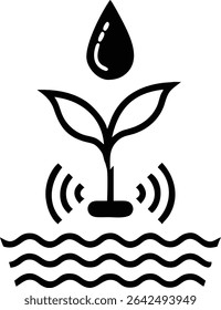 Projeto de vetor de silhueta preta que representa a gota de água com ondas de sensor e crescimento da planta