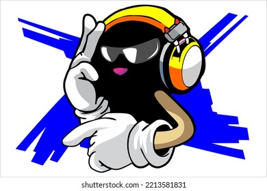 black silhouette vector design wearing earphones looks cool and slang