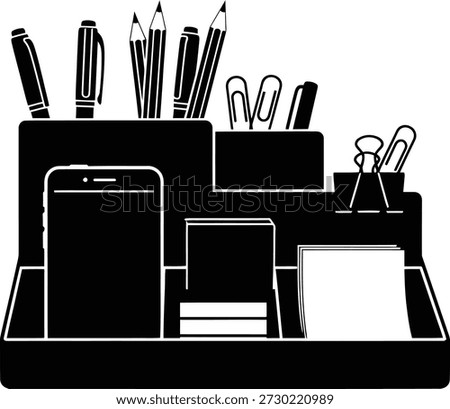 Black silhouette vector of a desk organizer holding pens, pencils, paper clips, and a smartphone, for office or study.