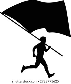 Vector de silueta negra de un hombre decidido y activo que corre y sostiene una Grande bandera en blanco en alto, que simboliza la victoria, el campeonato, los logros, la libertad, la protesta y el liderazgo en el diseño gráfico.