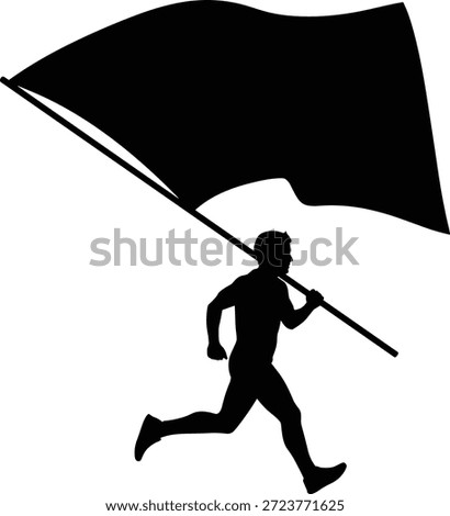 Black silhouette vector of a determined, active man running and holding a large blank flag high, symbolizing victory, championship, achievement, freedom, protest, and leadership in design graphics.