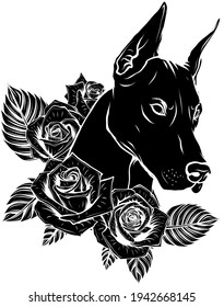 silueta negra de la cara de perro vector Dobermann con rosas rojas