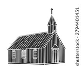 Black silhouette vector doodle stamp of Budakirkja famous black church in Iceland.	
