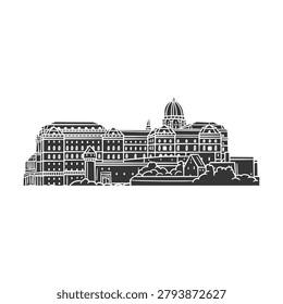 Black silhouette vector doodle stamp of Buda castle famous landmark in Budapest