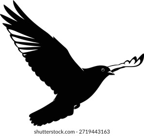 Black silhouette vector of a dove in flight holding an olive branch in its beak. This minimal design symbolizes peace, hope, and harmony, making it ideal for use in humanitarian campaigns, spiritual content, international relations, and decorative graphics.