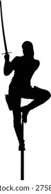 Black silhouette vector of a dynamic figure balanced on a pole with one leg bent, isolated on a plain white background. The character raises a sword upward in the right hand, creating a powerful composition that combines poise, balance, discipline, and symbolism. This minimalist illustration is ideal for martial arts graphics, fantasy themes, cultural posters, meditation concepts, book covers, logos, and artistic branding. The clean high contrast silhouette makes the design highly versatile for websites, social media, event promotions, editorial layouts, and merchandise. The elevated pose suggests control, focus, stillness, and strength, while the sword adds a sense of tradition, action, and warrior identity. The isolated background allows easy use in professional print and digital projects without extra editing. 