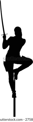 Black silhouette vector of a dynamic figure balanced on a pole with one leg bent, isolated on a plain white background. The character raises a sword upward in the right hand, creating a powerful composition that combines poise, balance, discipline, and symbolism. This minimalist illustration is ideal for martial arts graphics, fantasy themes, cultural posters, meditation concepts, book covers, logos, and artistic branding. The clean high contrast silhouette makes the design highly versatile for websites, social media, event promotions, editorial layouts, and merchandise. The elevated pose suggests control, focus, stillness, and strength, while the sword adds a sense of tradition, action, and warrior identity. The isolated background allows easy use in professional print and digital projects without extra editing. 