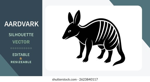 Black silhouette vector graphic of an aardvark. Editable and resizable, ideal for design projects. Simple, clean illustration of this unique mammal.