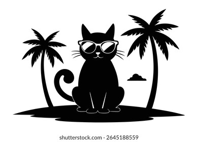 Black silhouette vector graphic of a cat wearing sunglasses sitting on a small island between two palm trees simple cloud