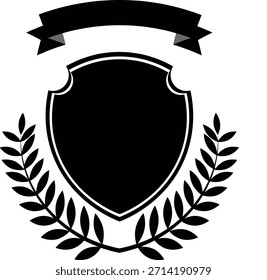 Gráfico de Vector de silueta negra de un emblema clásico con forma de escudo en blanco, enmarcado por una corona de laurel y rematado con un Anuncio de cinta en blanco. Ideal para su uso como Plantilla de logotipos, premios o 