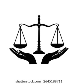 Black silhouette vector graphic depicting scales of justice held by two hands against a white background. Simple, minimalist style.