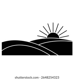 Black silhouette vector graphic depicting rolling hills and a rising sun against a white background. Simple minimalist style.