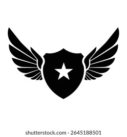 A black silhouette vector graphic depicts a shield with wings and a white star at its center against a white background The style is simple and bold