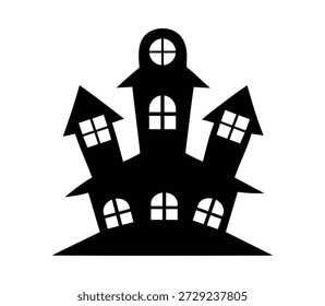 Black silhouette vector graphic representing a scary haunted mansion or castle with multiple crooked towers and glowing window shapes, perfect for spooky holiday themes.