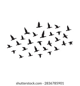 Black silhouette vector graphic of a scattered flock of approximately 30 birds in fligh icon vector flat design.