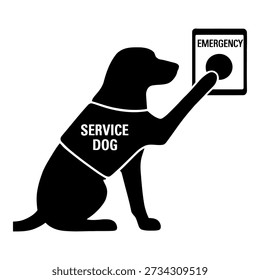 Black silhouette vector graphic of a service dog sitting and pressing an emergency call button with its paw. The dog is wearing a vest labeled "SERVICE DOG". Ideal for accessibility signage, awareness