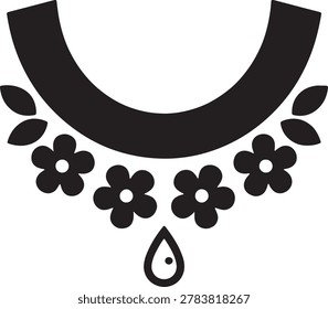 Black silhouette vector graphic of stylized necklace featuring blooming flowers and leaves, single teardrop pendant, floral arrangement, elegant fashion accessory, decorative jewelry, graphic element.
