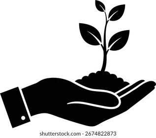 Vetor de silhueta preta da mão segurando broto de planta jovem com folhas e solo
