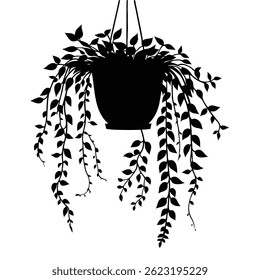 A black silhouette vector of a hanging plant with dense foliage and elegantly cascading vines, ideal for botanical art, minimalist wall decor, nature-inspired prints, and graphic design projects.