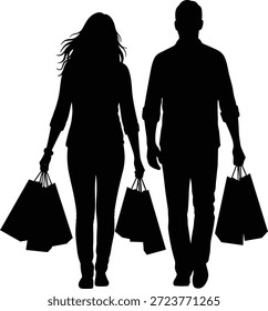 Black Silhouette Vector of a Happy Couple Walking Together While Carrying Shopping Bags, Illustrating Retail Therapy, Sales, Consumerism, and Leisure Time.