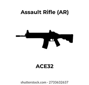 Ein schwarzes Silhouetten-Vektorsymbol eines ACE32-Sturmgewehrs auf weißem Hintergrund.