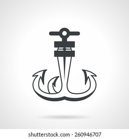 Black silhouette vector icon for anchor with three hooks on white background