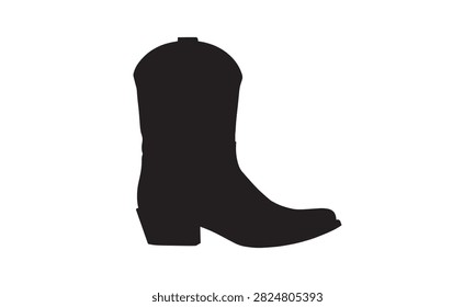Black silhouette vector icon of a classic western cowboy boot isolated on a white background, representing traditional footwear, country fashion, and rural heritage culture.