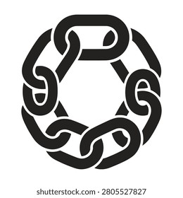Black silhouette vector icon of continuous interlocking chain links forming a circle. Symbol of unity, teamwork, unbreakable bonds, and community strength for International Day of Cooperatives.