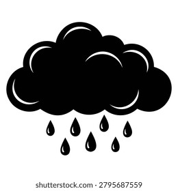 Black silhouette vector icon of a dark cloud with falling raindrops