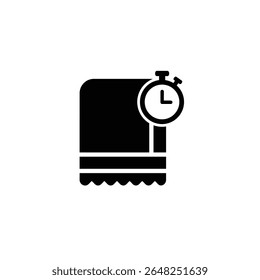 A black silhouette vector icon depicting a towel with a stopwatch overlaid on a white background The style is simple and minimalist