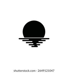 A black silhouette vector icon depicting a full moon setting over a calm lake against a white background. The style is simple and minimalist.