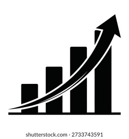 A black silhouette vector icon featuring a bar chart with a curving upward arrow, symbolizing business growth, financial success, profit increase, and positive statistical trends.
