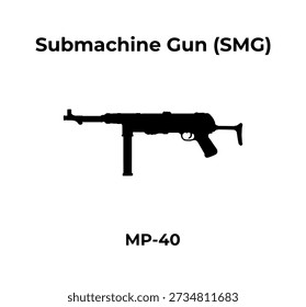 Icono de Vector de silueta negra de un subfusil alemán MP-40 sobre un fondo blanco.