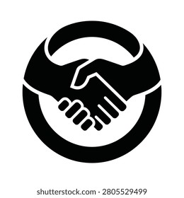 Black silhouette vector icon of a handshake enclosed in a circle. Concept of partnership, trust, global unity
