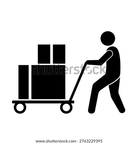 Black Silhouette Vector Icon Man Pushing Trolley with Cardboard Boxes Icon