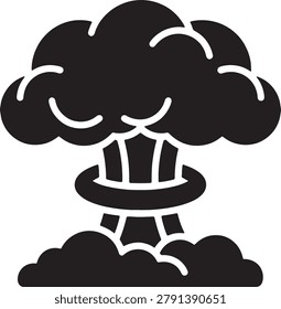 Black silhouette vector icon of mushroom cloud explosion isolated on transparent background representing powerful nuclear blast detonation disaster impact force energy event symbol for science media.