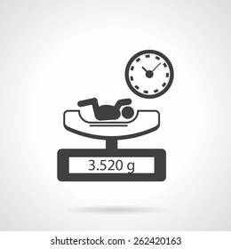 Black silhouette vector icon for obstetrics with procedure of newborn weighing.