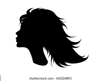 Girlâ??s black silhouette. A vector icon of a womanâ??s profile.