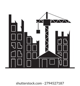 Black silhouette vector icon representing damaged war zone city buildings being rebuilt by a construction crane isolated on white background.