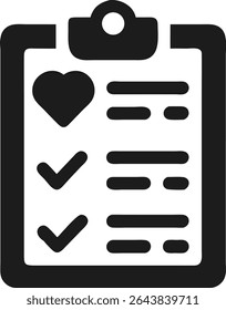 Black silhouette vector icon of a self care checklist with a heart and two checkmarks.